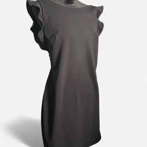 Calvin Klein black midi dress with ruffle sleeves and mid sized open back